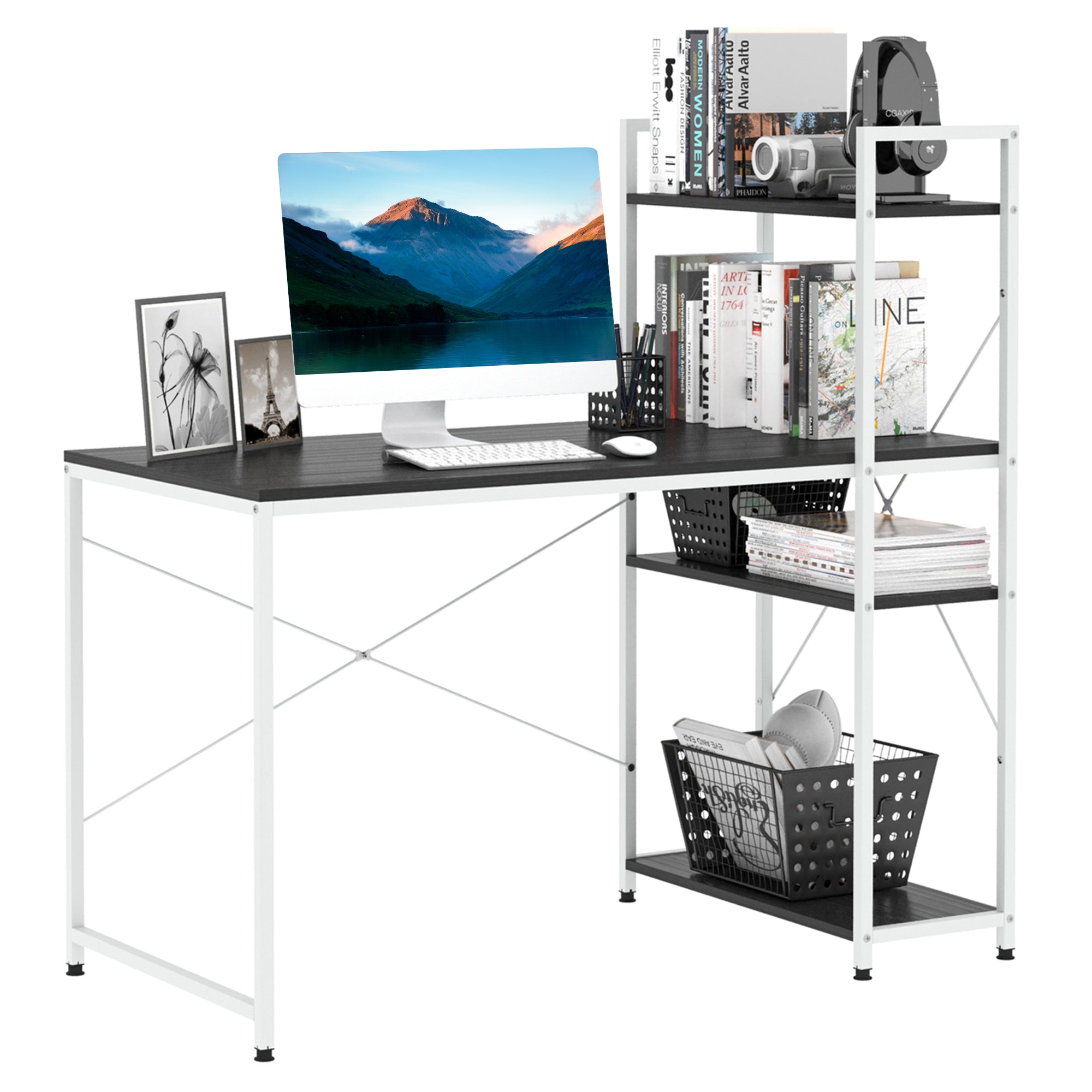 HOMCOM Computer Desk with Storage Shelves on Left or Right, Industrial Reversible Writing Desk for Home Office, Study, Easy Assembly, 120 x 64 x 121cm, Black and White 