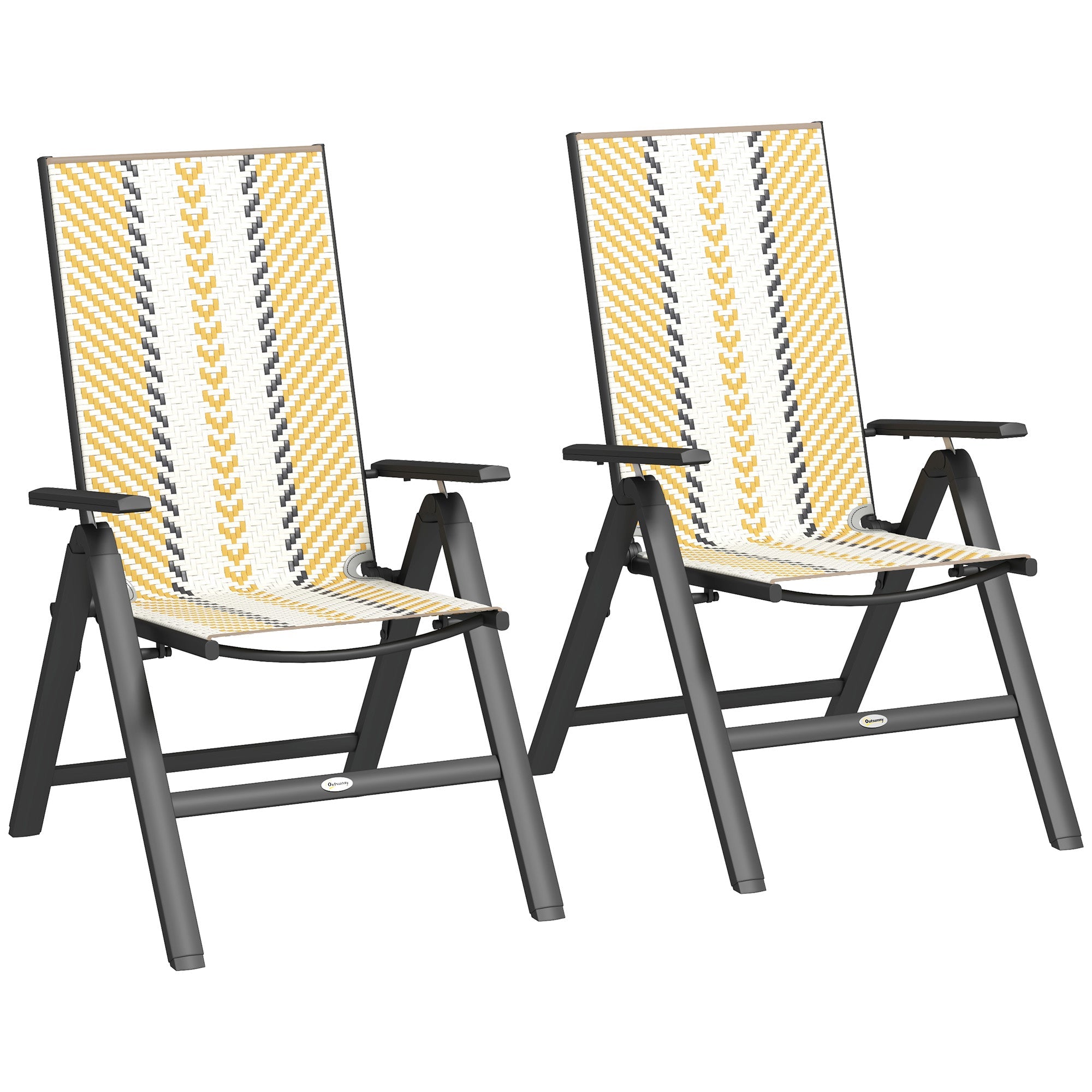 Outsunny Outdoor Rattan Folding Chair with 5-Position Adjustable Backrest, Wicker Garden Dining Chair with Wide Armrest, Set of 2 for Patio, Terrace, Balcony, Orange 