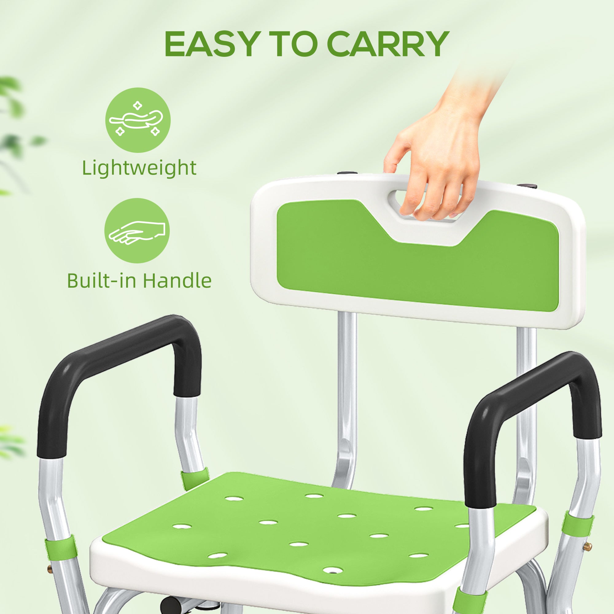 HOMCOM EVA Padded Shower Chair for the Elderly and Disabled, Height Adjustable Shower Stool with Back and Arms, 4 Suction Foot Pads, Green 