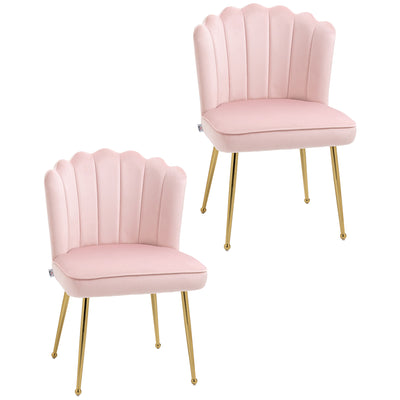 HOMCOM Shell Dining Chairs Set of 2, Upholstered Kitchen Chairs with Gold Metal Legs and Backrest, Velvet Fabric Lounge Leisure Chairs for Living Room, Reception Room, Pink 
