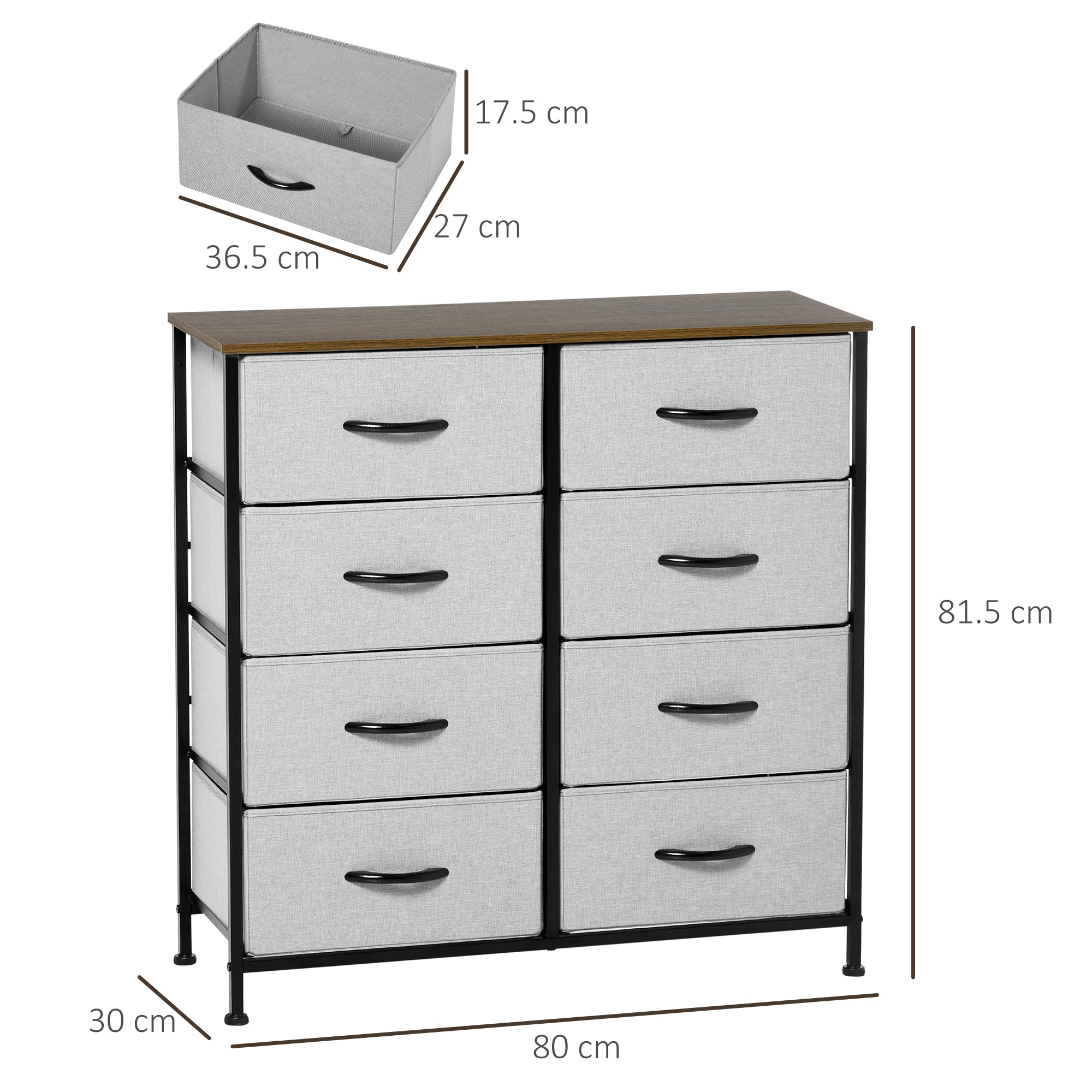 HOMCOM Fabric Chest of Drawers, Industrial Storage Bedroom Dresser with 8 Fabric Drawers, Steel Frame and Wooden Top for Nursery, Living Room, Hallway, Grey