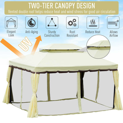 Outsunny 4 x 3 m Aluminum Garden Gazebo, Double Roof Outdoor Gazebo Canopy Shelter with Netting & Curtains for Garden, Lawn, Backyard and Deck, Cream 