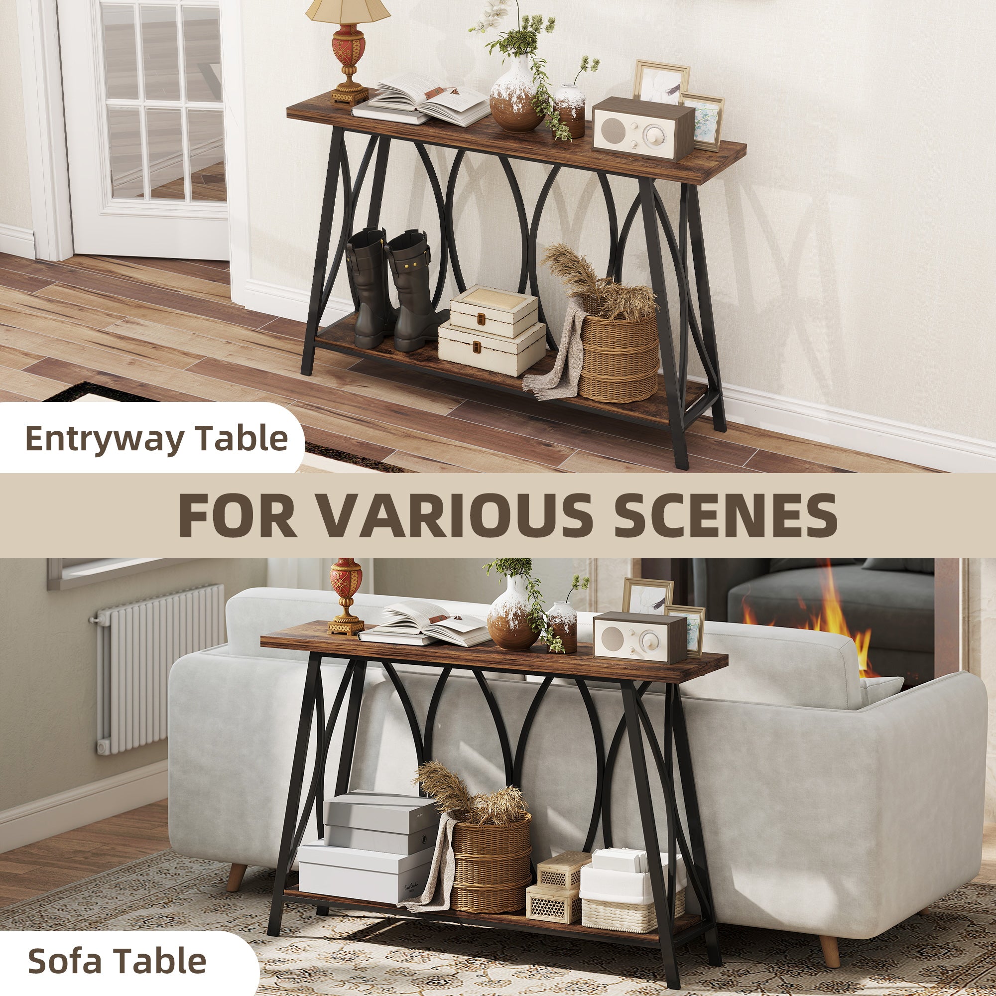 HOMCOM Narrow Console Table, Industrial 2-Tier Sofa Table with Metal Frame for Entryway, Living Room, 120x30x80cm, Rustic Brown 