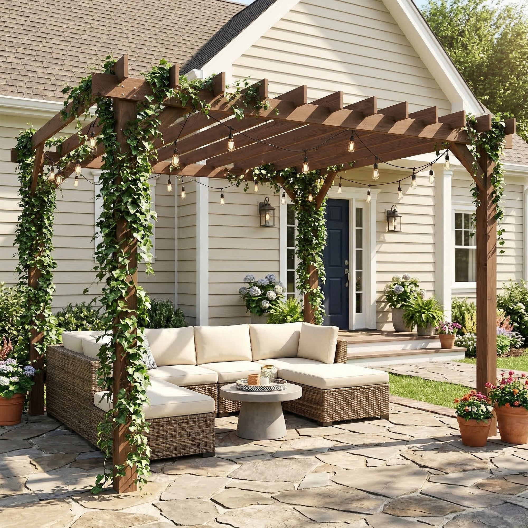 Outsunny 3.6 x 3 m Wooden Pergola Kit, Garden Pergola Gazebo Grape Trellis with Triangle Supports, Maple Wood-effect 