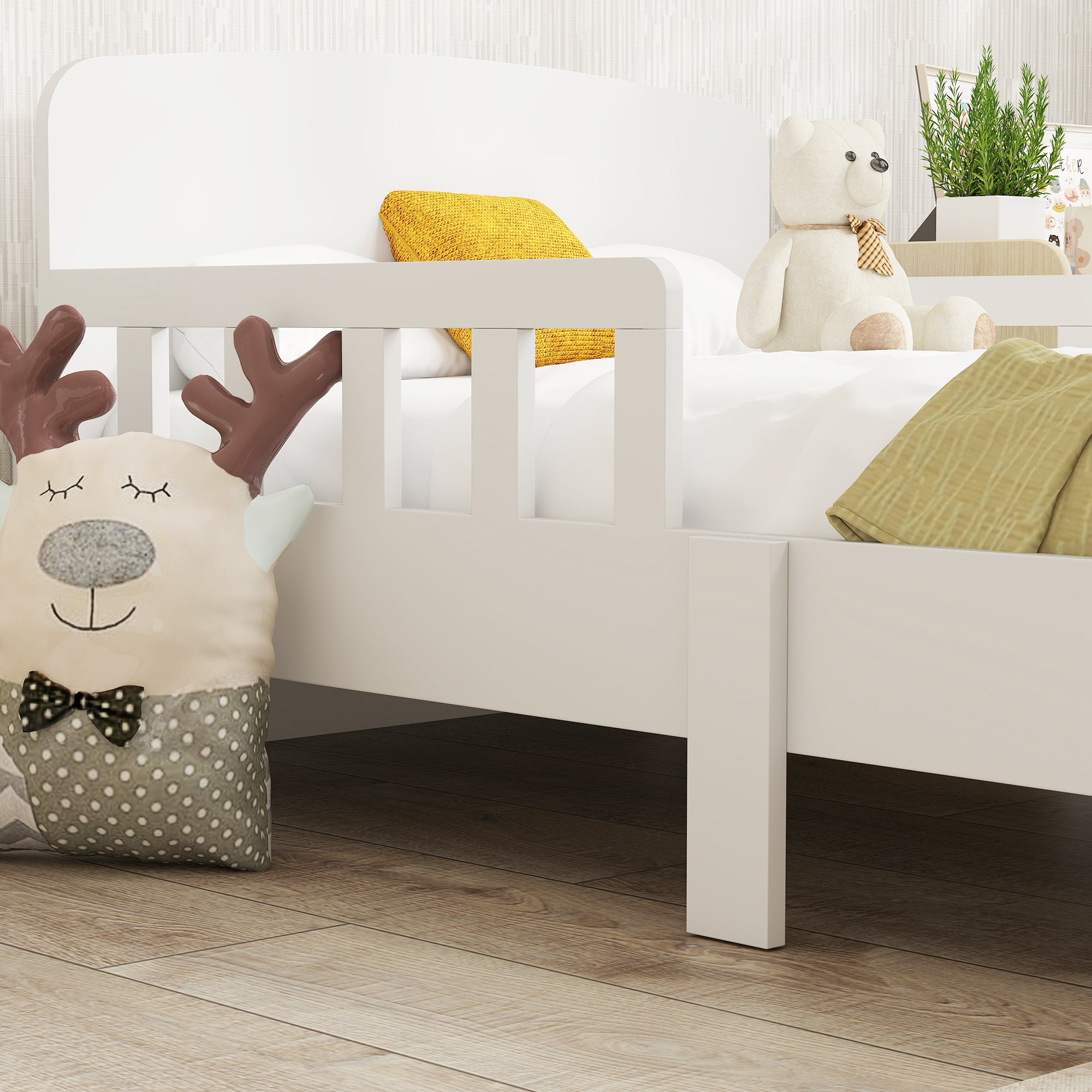 AIYAPLAY Toddler Bed, Kids Bed Frame with Safety Side Rails, Kids Bedroom Furniture for Ages 3-8 Years, White 