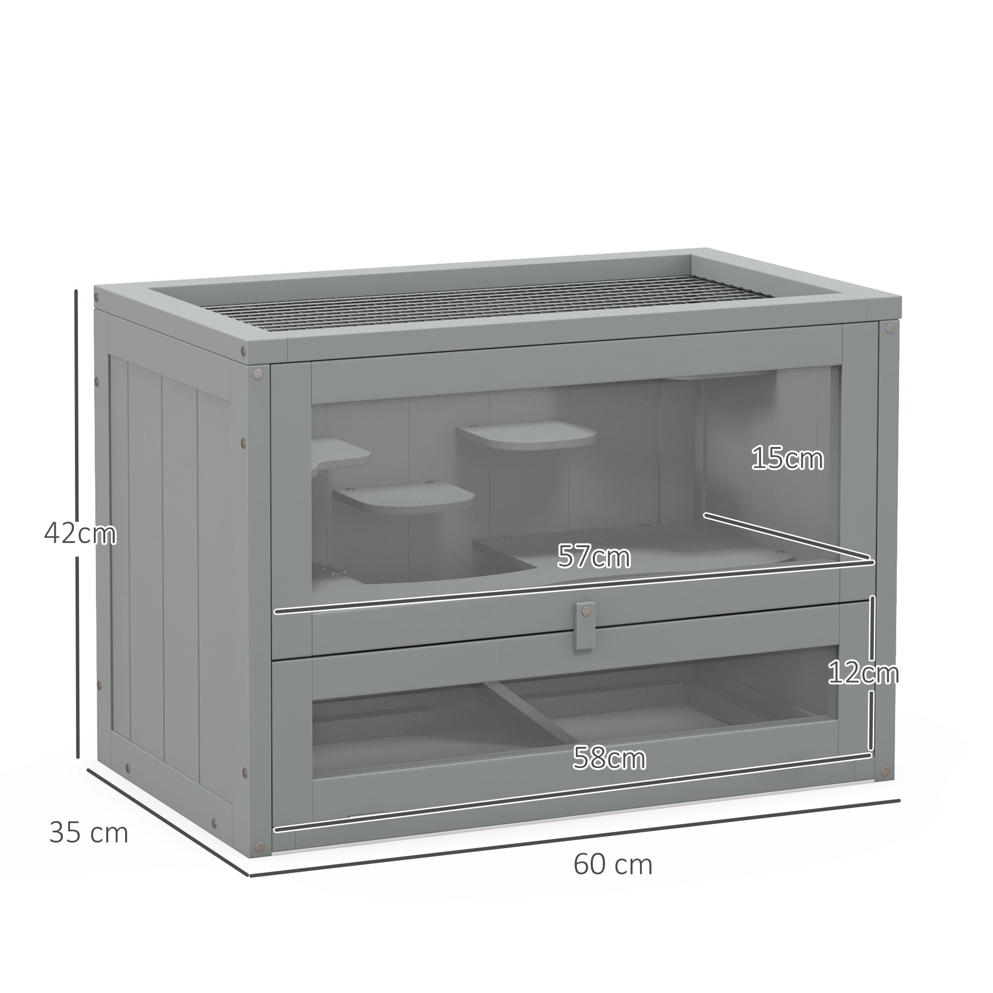 PawHut Wooden Hamster Cage Mouse Mice Rodent Small Animals Hutch Exercise Play House 60 x 35 x 42cm, Grey 