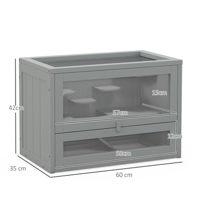 PawHut Wooden Hamster Cage Mouse Mice Rodent Small Animals Hutch Exercise Play House 60 x 35 x 42cm, Grey 