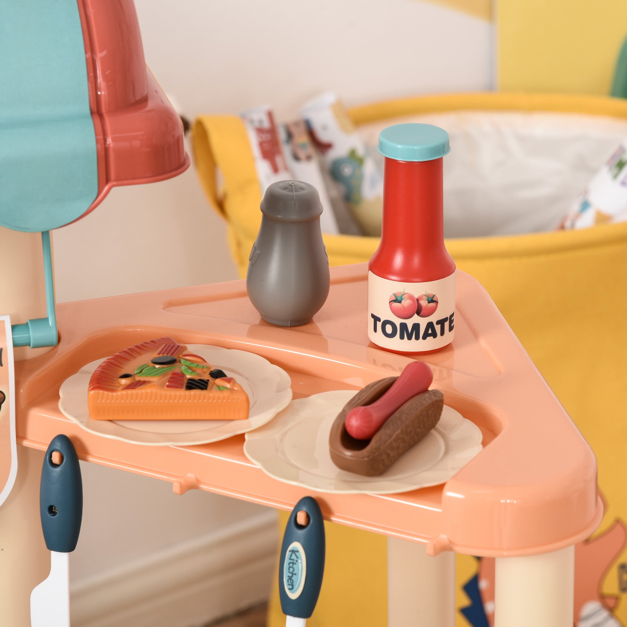 HOMCOM 50 Pcs Kids Kitchen Play set Fast Food Trolley Cart Pretend Playset Toys with Play Food Cashier Register Accessories Gift for Boys Girls Age 3-6 