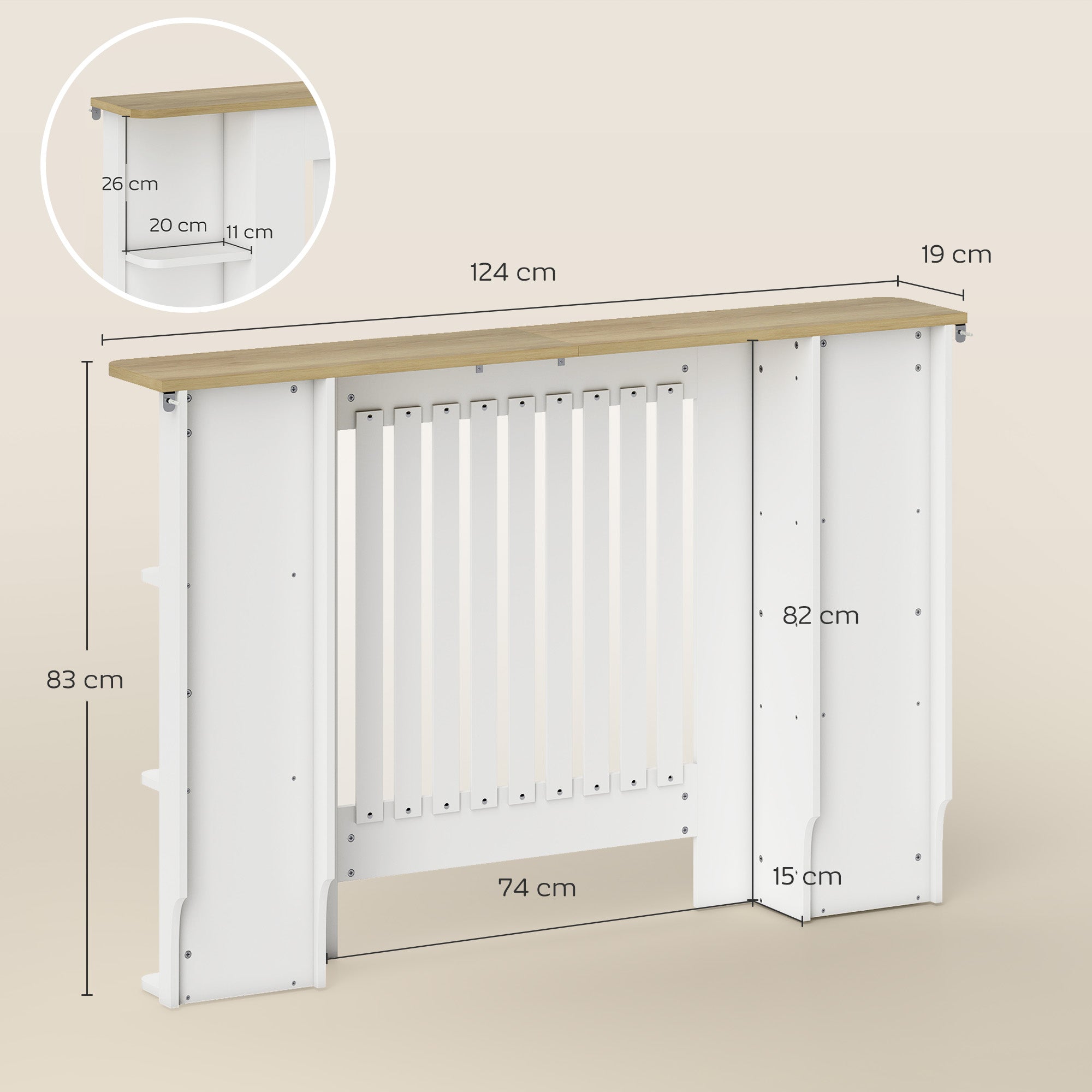 HOMCOM Radiator Cover with Open Storage Shelves, Vertical Slatted Cabinet Shelf Heater Cover for Living Room, Hallway, Medium, White 
