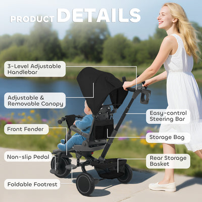 AIYAPLAY 6 in 1 Foldable Kids Trike with Adjustable Parent Handle & Canopy for Ages 1-5, Black 