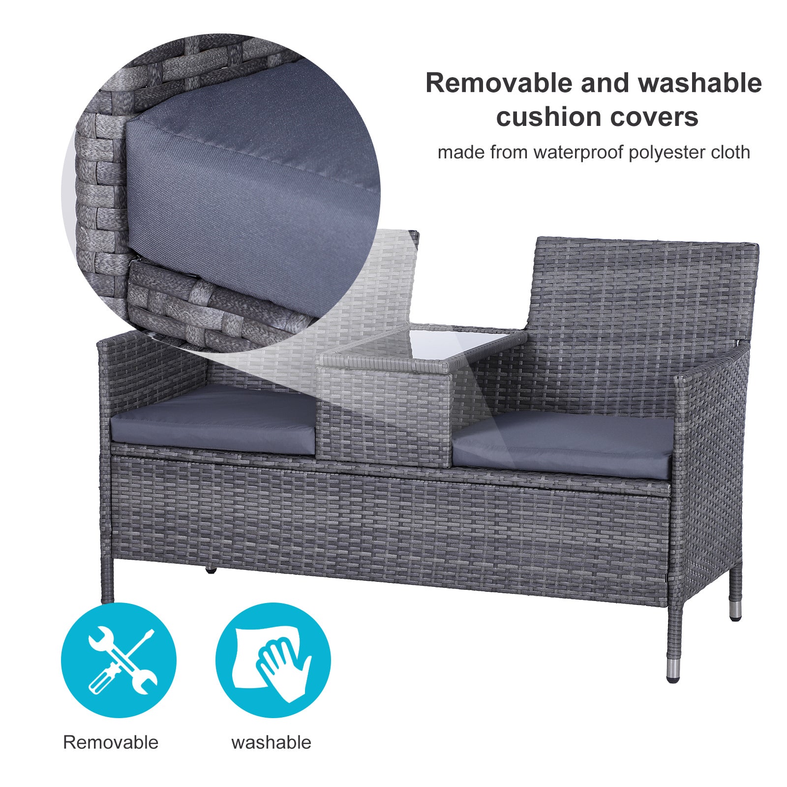 Outsunny 2-Seater PE Rattan Outdoor Garden Bench w/ Centre Table Grey 