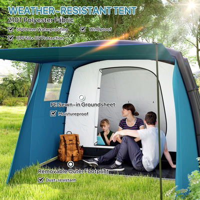 Outsunny Inflatable 3-4 Man Tunnel Tent w/ Air Pump, Living Area & Vestibule, Waterproof Family Camping Air Tent w/ Sewn In Groundsheet & Removable Footprint for Camping, Hiking, Blue 