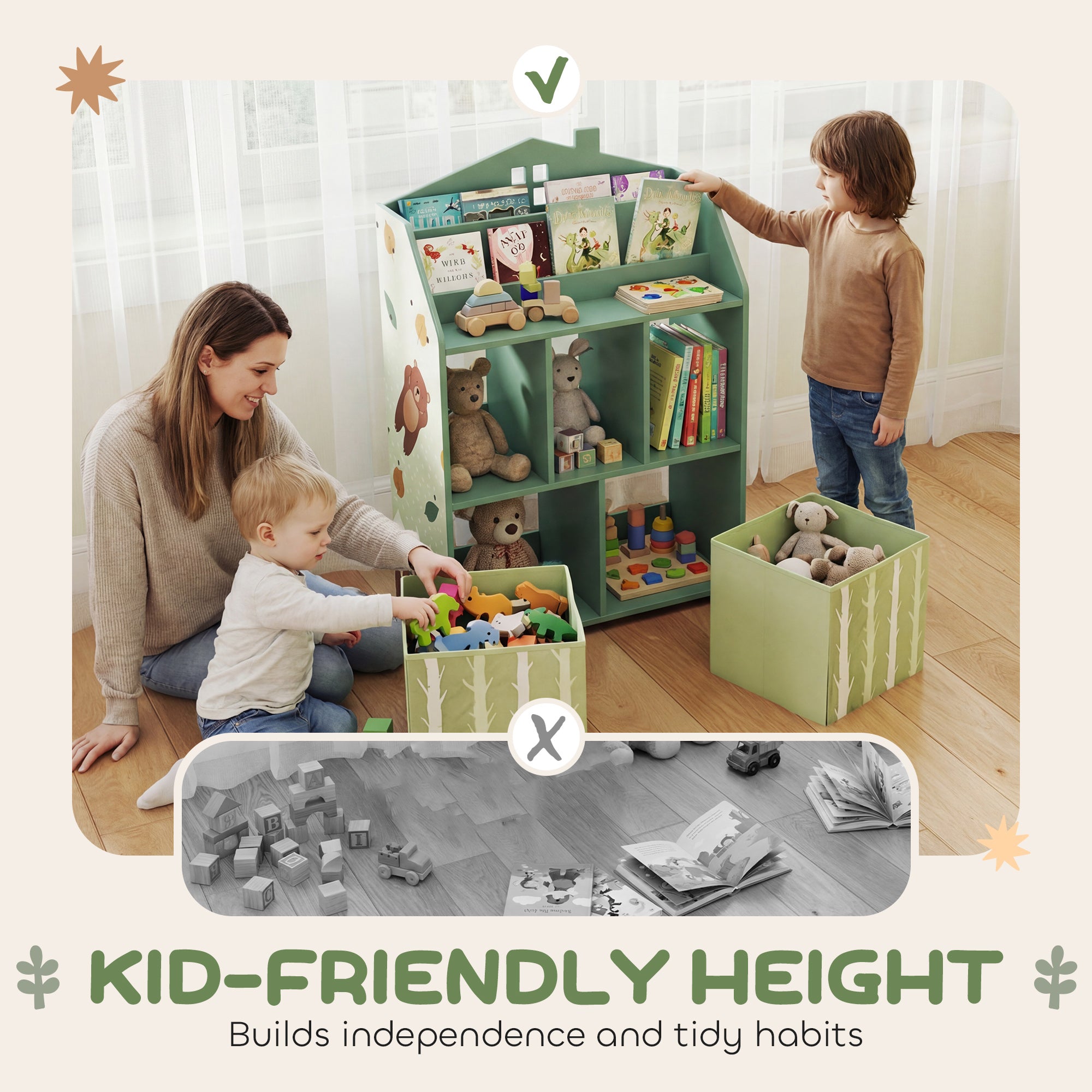 AIYAPLAY Kids Bookshelf with Storage, Toy Storage Unit with Book Display, Shelves and Fabric Drawers for Playroom Nursery, Green 