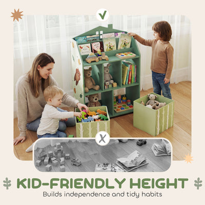 AIYAPLAY Kids Bookshelf with Storage, Toy Storage Unit with Book Display, Shelves and Fabric Drawers for Playroom Nursery, Green 