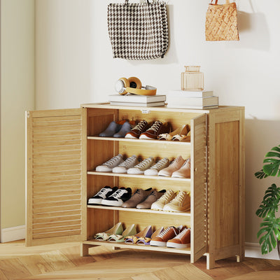 HOMCOM Bamboo Shoe Cabinet with Louvered Doors, 14 Pairs Shoe Storage Cabinet with Adjustable Shelves for Hallway, Natural 