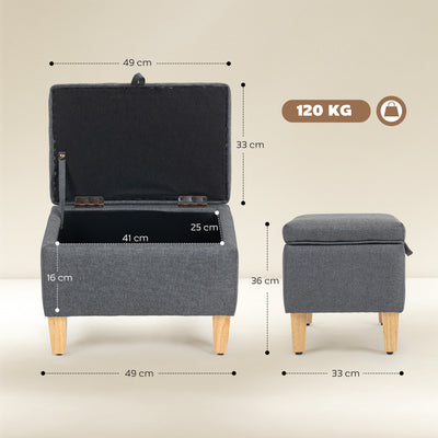 HOMCOM 16L Linen Storage Ottoman Padded Footstool with Rubberwood Legs for Storage Box, Bed End, Shoe Bench, Seating, Charcoal Grey 