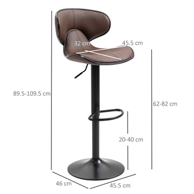 HOMCOM Adjustable Swivel Bar Stools Set of 2, Barstools with Footrest and Backrest, Steel Frame Gas Lift, for Kitchen Counter Dining Room, Brown 