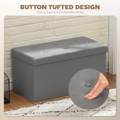 HOMCOM Storage Ottoman Bench, 89L PU Leather Folding Foot Rest Stool, End of Bed Bench, Easy Assembly, for Living Room, Bedroom, Entryway, Grey 