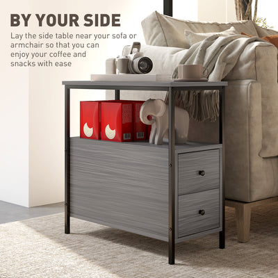 HOMCOM Side Table, Narrow Bedside Table with 2 Drawers and Storage Shelf, Industrial End Table with Metal Frame for Small Spaces, Grey Wood Grain 