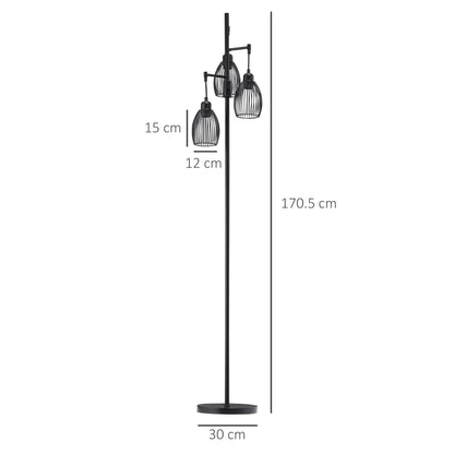 HOMCOM 170cm Industrial 3-Light Floor Lamp, Dimmable Standing Lamp with Steel Lampshades for Living Room, Bedroom, Dinging Room, Study, Black 