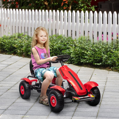 HOMCOM Children Pedal Go Kart, Kids Ride On Racer with Adjustable Seat, Inflatable Rubber Tyres, Handbrake, for Ages 5-12 Years - Red 