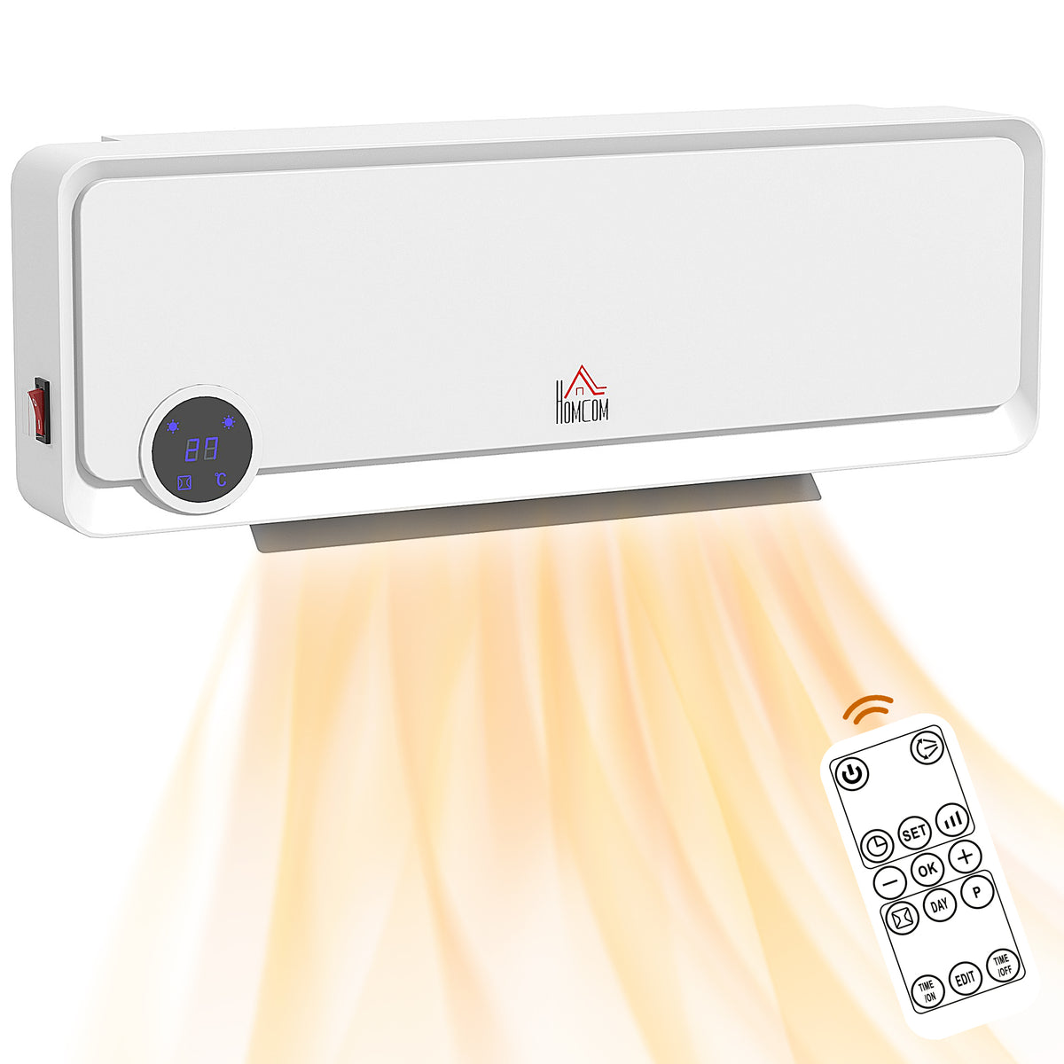 HOMCOM Wall Downflow Heater 2 Heat and Fan 1000W/2000W, Electric Space Heater with Timer Remote Oscillating, for Bedroom Home Office, White 