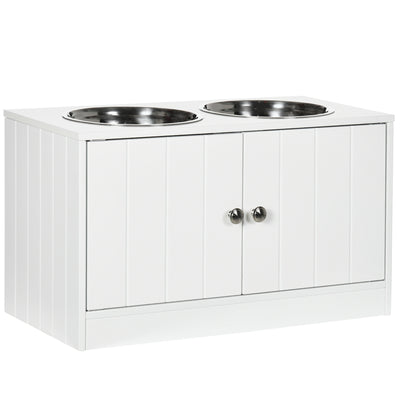 PawHut Raised Pet Feeder, with Two Bowls, Storage - White 