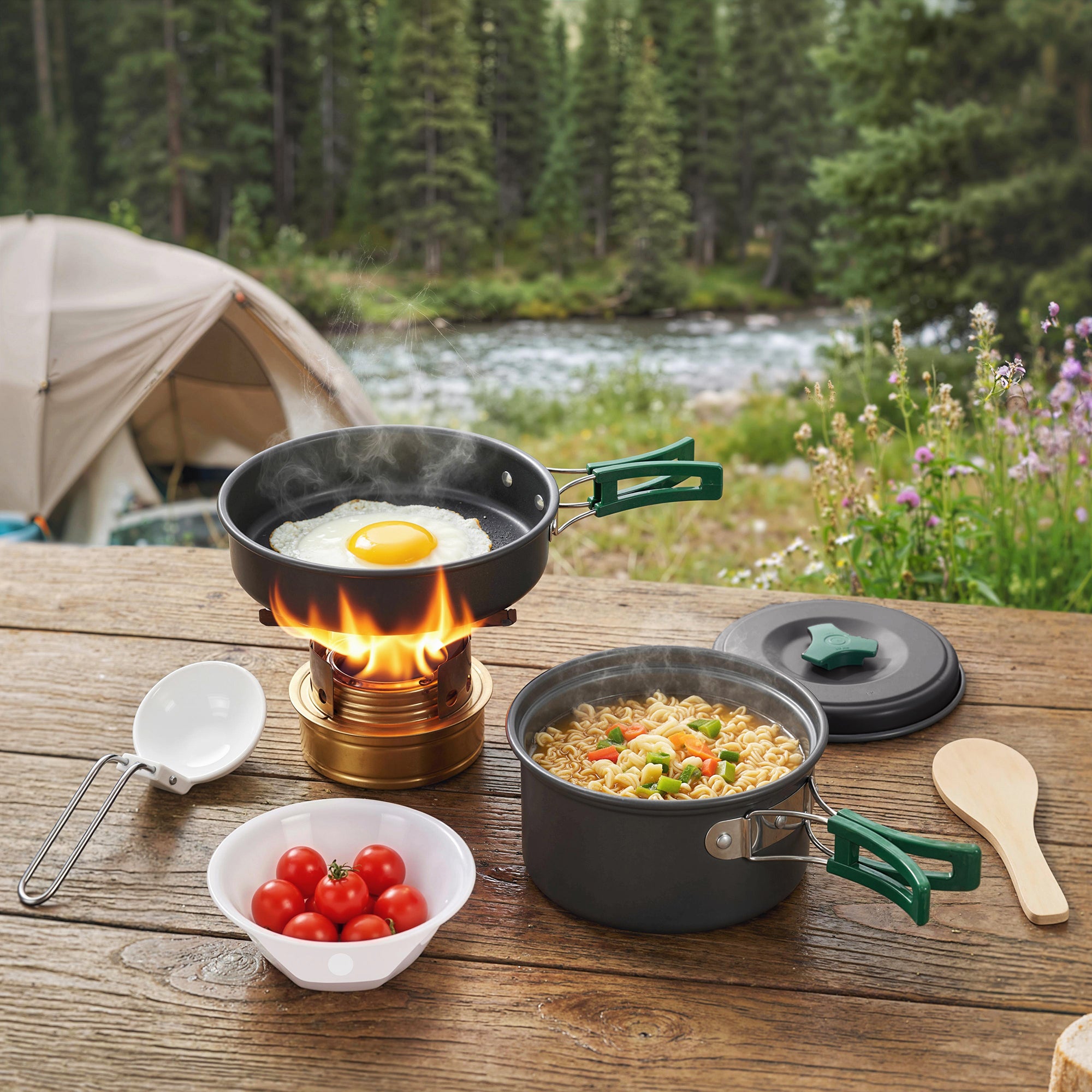 Outsunny Camping Cookware Set, 8-Piece Ultralight Camping Cooking Kit with Anti-Scald Handles, Grey 
