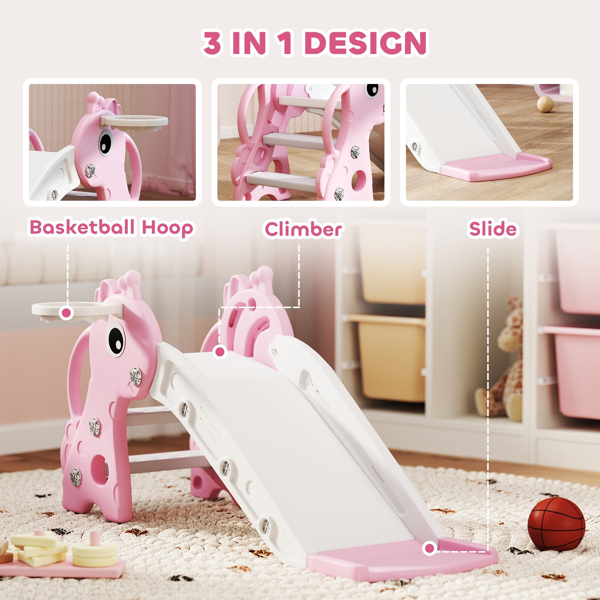 AIYAPLAY 3 in 1 Kids Slide with Climber, Basketball Hoop and Ball, Giraffe Shape Climber Slide for Indoor Kids Age 1-3, Pink 