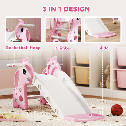 AIYAPLAY 3 in 1 Kids Slide with Climber, Basketball Hoop and Ball, Giraffe Shape Climber Slide for Indoor Kids Age 1-3, Pink 