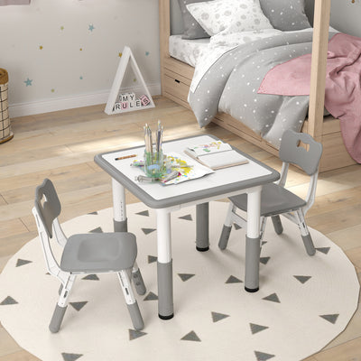 AIYAPLAY Height Adjustable Toddler Table and Chair Set, 3 Pcs Children Activity Table w/ 2 Chairs, for Playroom, Bedroom - Grey 
