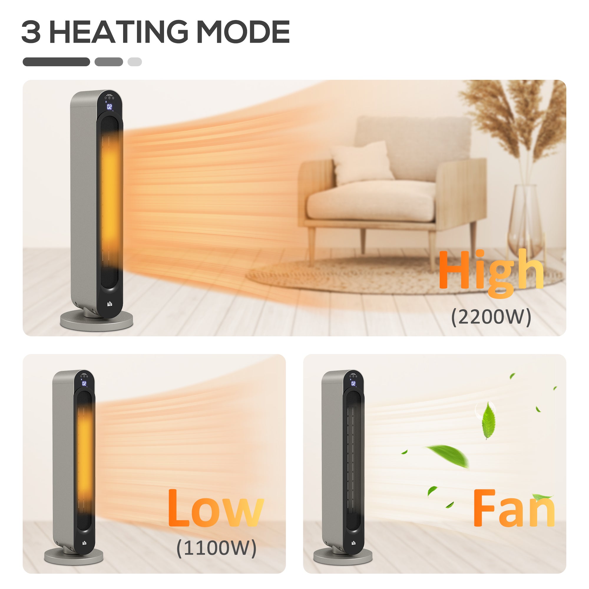 HOMCOM 2kW PTC Ceramic Tower Heater, 10-35\'c2\'b0C Temperature Range