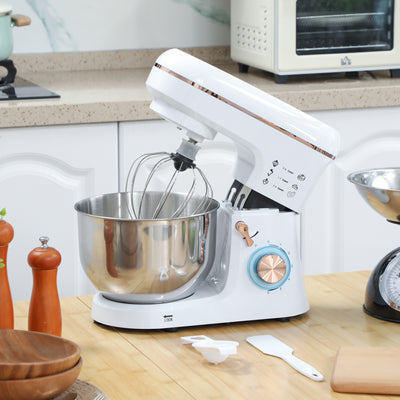 HOMCOM Stand Mixer, 5L Food Mixer for Baking, 6 Speeds and Pulse Setting, 1400W Cake Electric Kitchen Mixer with Dough Hook, Whisk, Stainless Steel Bowl, Splash Guard, Beater, White 
