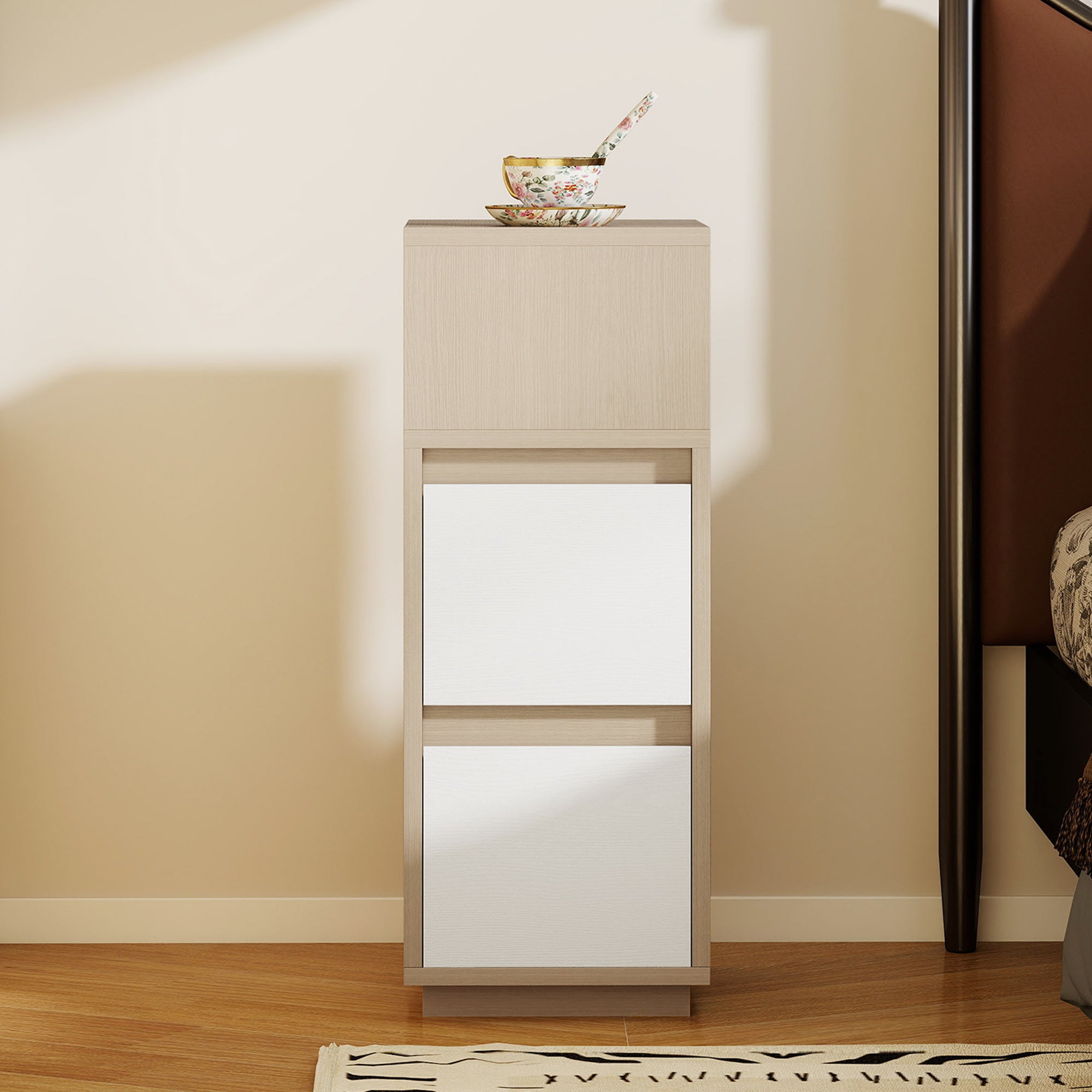 HOMCOM Slim Bedside Table, Narrow Bedside Cabinet with Open Shelf and 2 Drawers for Bedroom, Living Room, Natural Wood Finish 