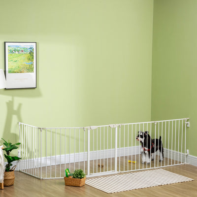 PawHut 5 Panels Pet Playpen Metal Fence w/ Walk Through Door - White 
