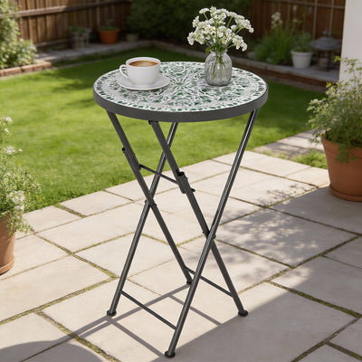 Outsunny Mosaic Outdoor Garden Table, 35.5cm Round Folding Coffee Table with Metal Frame for Balcony Terrace, Green 