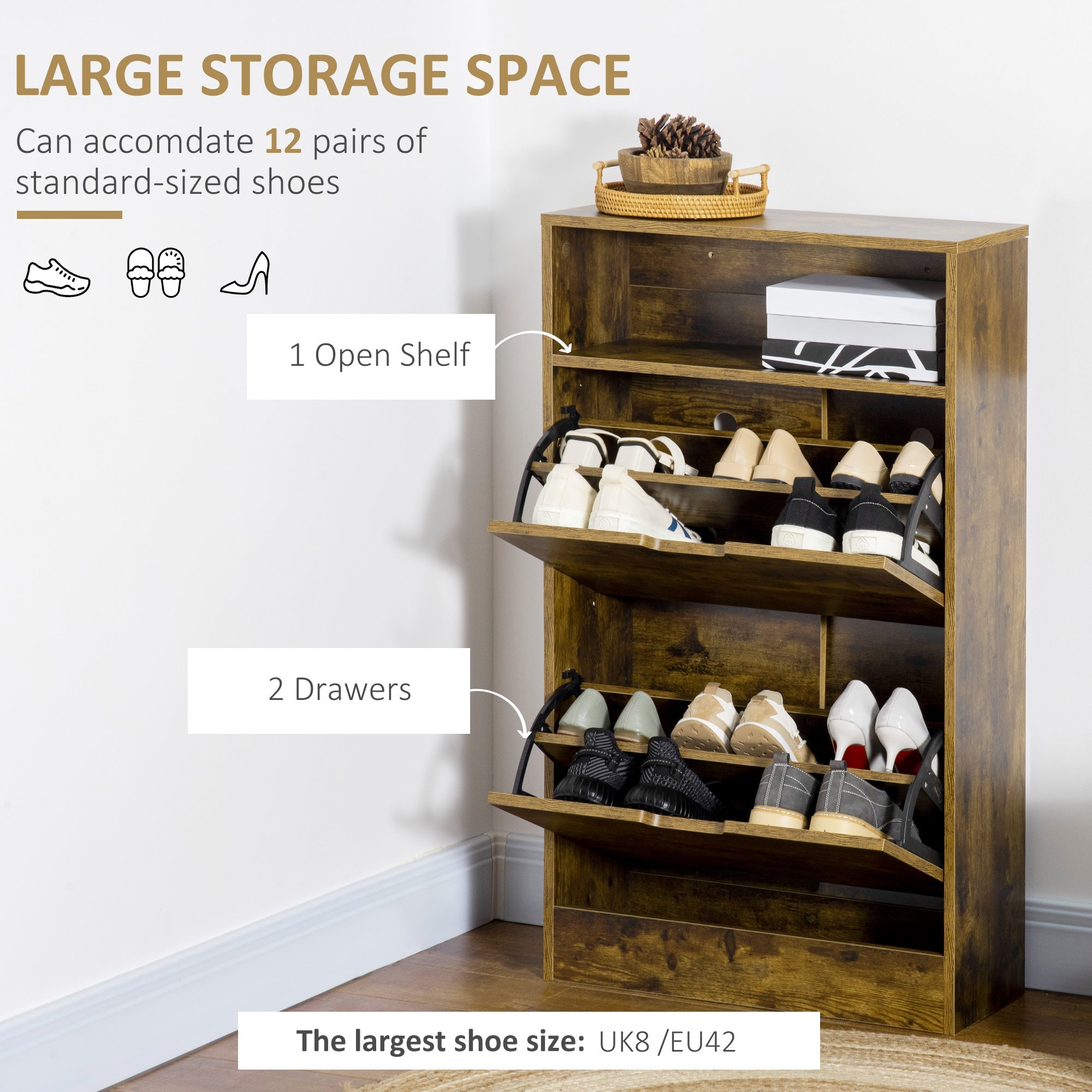 HOMCOM Shoe Cabinet with 2 Flip Doors, Slim 2-Drawer Shoe Cupboard with Adjustable Divider and Open Compartment for 12 Pairs of Shoes, Entryway Storage Unit, Rustic Brown 
