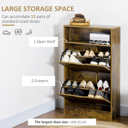 HOMCOM Shoe Cabinet with 2 Flip Doors, Slim 2-Drawer Shoe Cupboard with Adjustable Divider and Open Compartment for 12 Pairs of Shoes, Entryway Storage Unit, Rustic Brown 