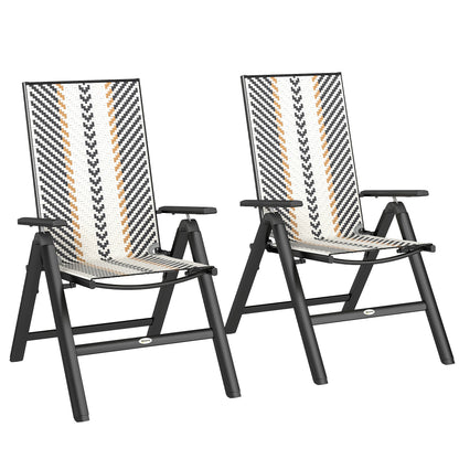 Outsunny Outdoor Rattan Folding Chair with 5-Position Adjustable Backrest, Wicker Garden Dining Chair with Wide Armrest, Set of 2 for Patio, Terrace, Balcony, Black 