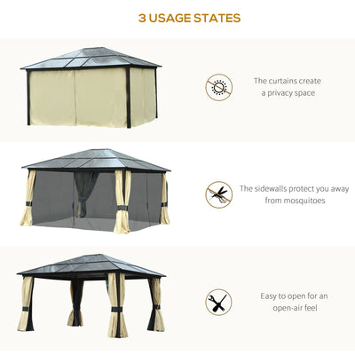 Outsunny 3.6 x 4m Hardtop Gazebo Canopy with Polycarbonate Roof and Aluminium Frame, Garden Pavilion with Mosquito Netting and Curtains 