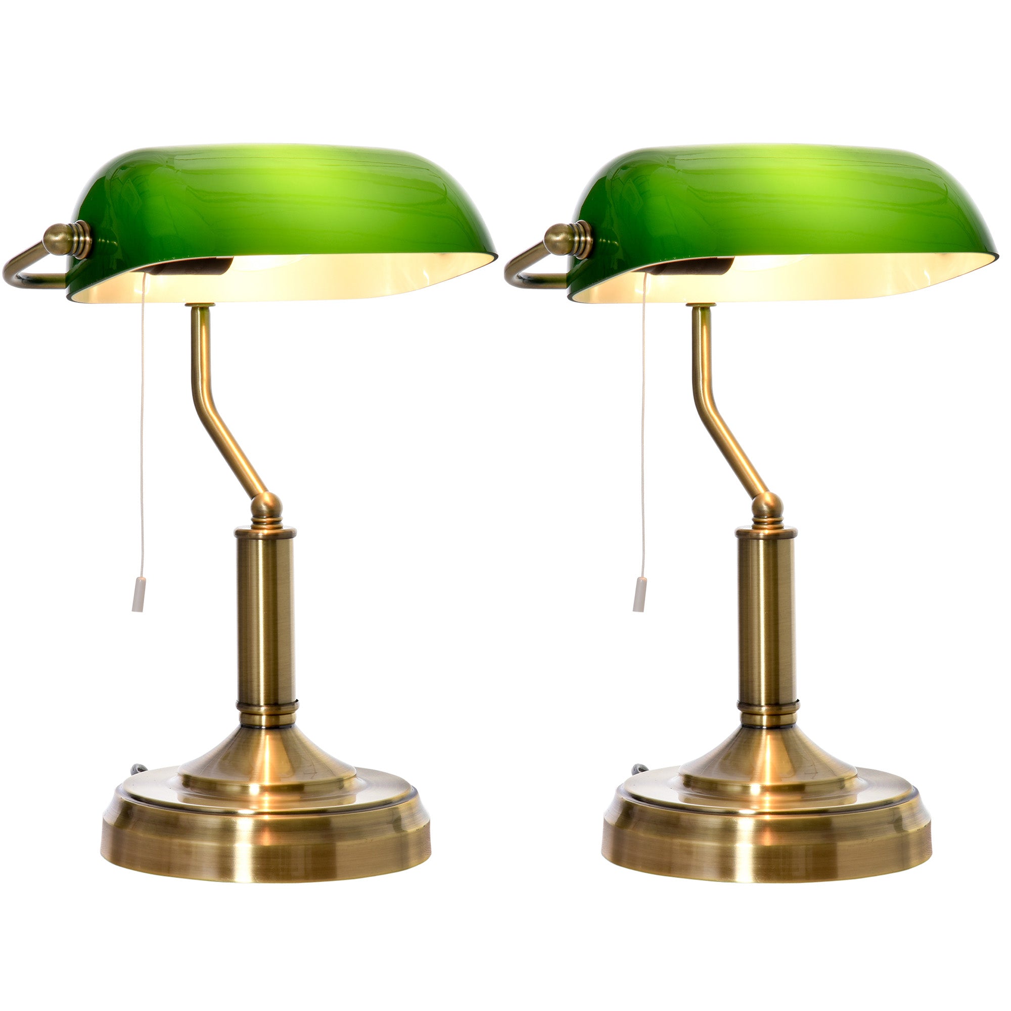HOMCOM Banker's Table Lamps Set of 2, Desk Lamps with Antique Bronze Tone Base, Green Glass Shade and Pull Rope Switch for Home Office, Living Room, Bedroom, Dining Room, Green 