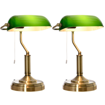 HOMCOM Banker's Table Lamps Set of 2, Desk Lamps with Antique Bronze Tone Base, Green Glass Shade and Pull Rope Switch for Home Office, Living Room, Bedroom, Dining Room, Green 