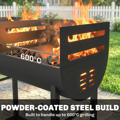 Outsunny Charcoal Barbecue Grill with 2 Cooking Areas, Portable BBQ Trolley with Wheels, Height Adjustable Grates, Bottom Shelf 