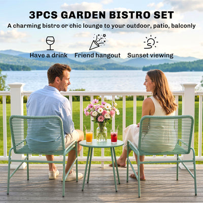 Outsunny 3 Piece Rattan Bistro Set, Outdoor Garden Furniture Set with 2 Chairs, Round Coffee Table for Patio, Balcony, Green 