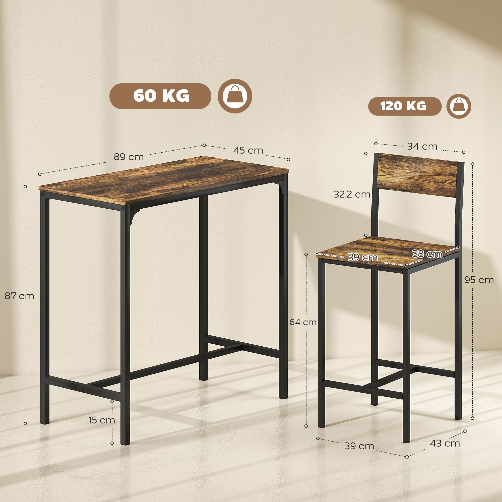 HOMCOM 3-Piece Bar Table Set with 2 Stools, Industrial Breakfast Bar Set with Footrest, Backrest for Dining Room, Small Space 