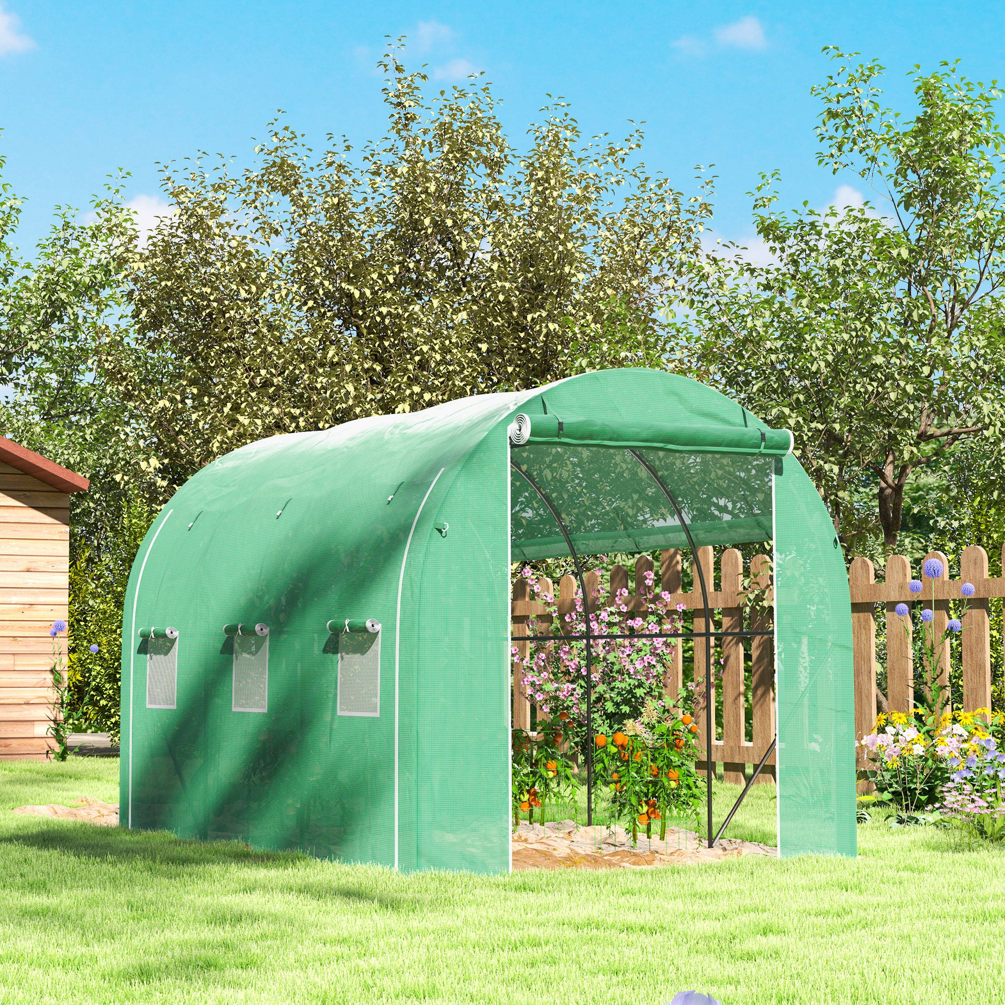 Outsunny 296 x 196cm Steel Frame Polytunnel Greenhouse - Green 
