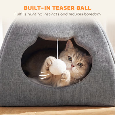 PawHut Cat Cave Bed for Indoor Kittens, Cat House with Removable Cushion and Teaser Ball, Kitty Igloo with Anti-Slip Base, 42 x 42 x 39 cm, Grey 