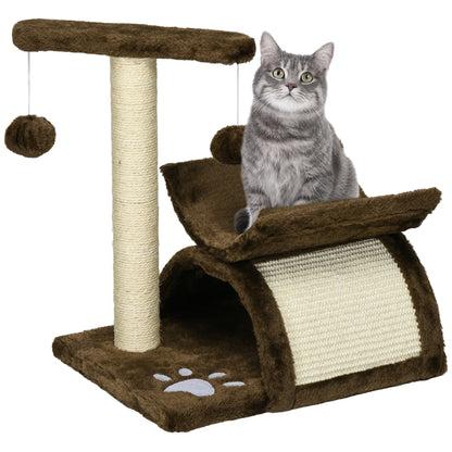PawHut Cat Tree, Cat Tower for Kittens, Small Cat Condo with Rotatable Top Bar, Sisal Scratching Post, Tunnel, Dangling Balls - Brown 