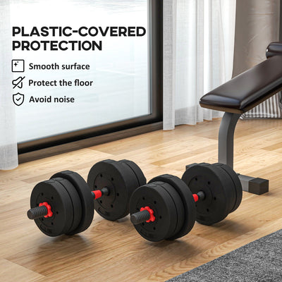 HOMCOM 20kg 2 IN 1 Adjustable Dumbbells Weight Set, Dumbbell Hand Weight Barbell for Body Fitness, Lifting Training for Home, Office, Gym, Black 