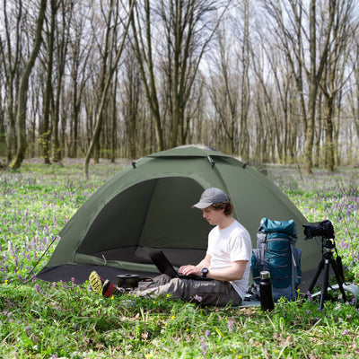 Outsunny 2 Person Camping Tent, Camouflage Tent with Zipped Doors, Storage Pocket, Portable Handy Bag, Dark Green 